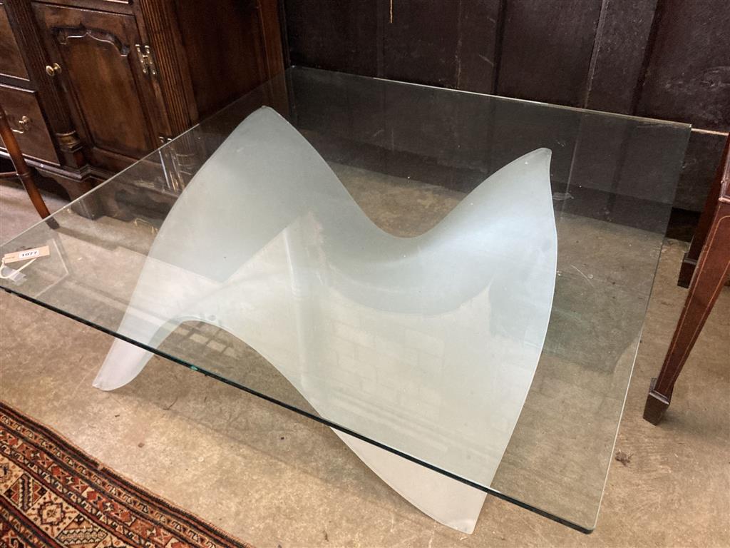 An Italian Reflex Gaudi 40 contemporary clear and frosted glass square coffee table, length 106cm, depth 106cm, height 35cm